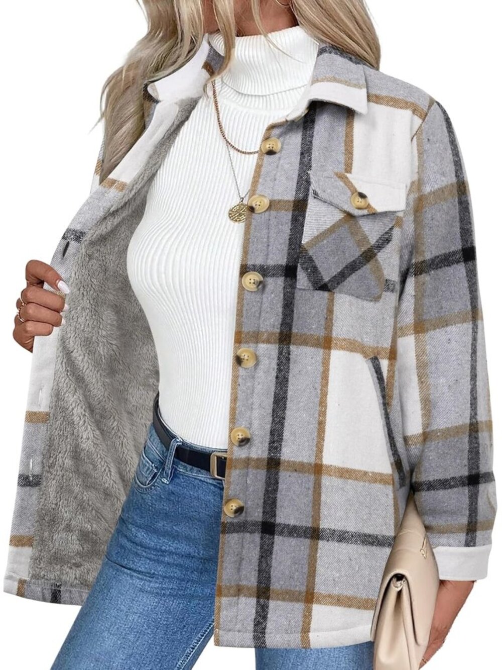 Women's Grey Sherpa Fleece Lined Winter Plaid Flannel Fashion Jacket With Pocket